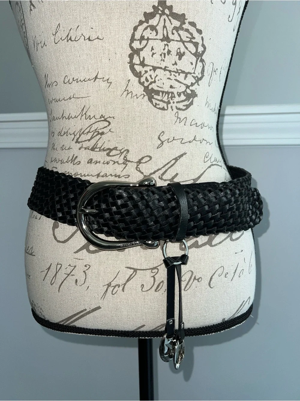 Michael Kors Black Woven Leather Belt with Silver Logo Charms Size Medium